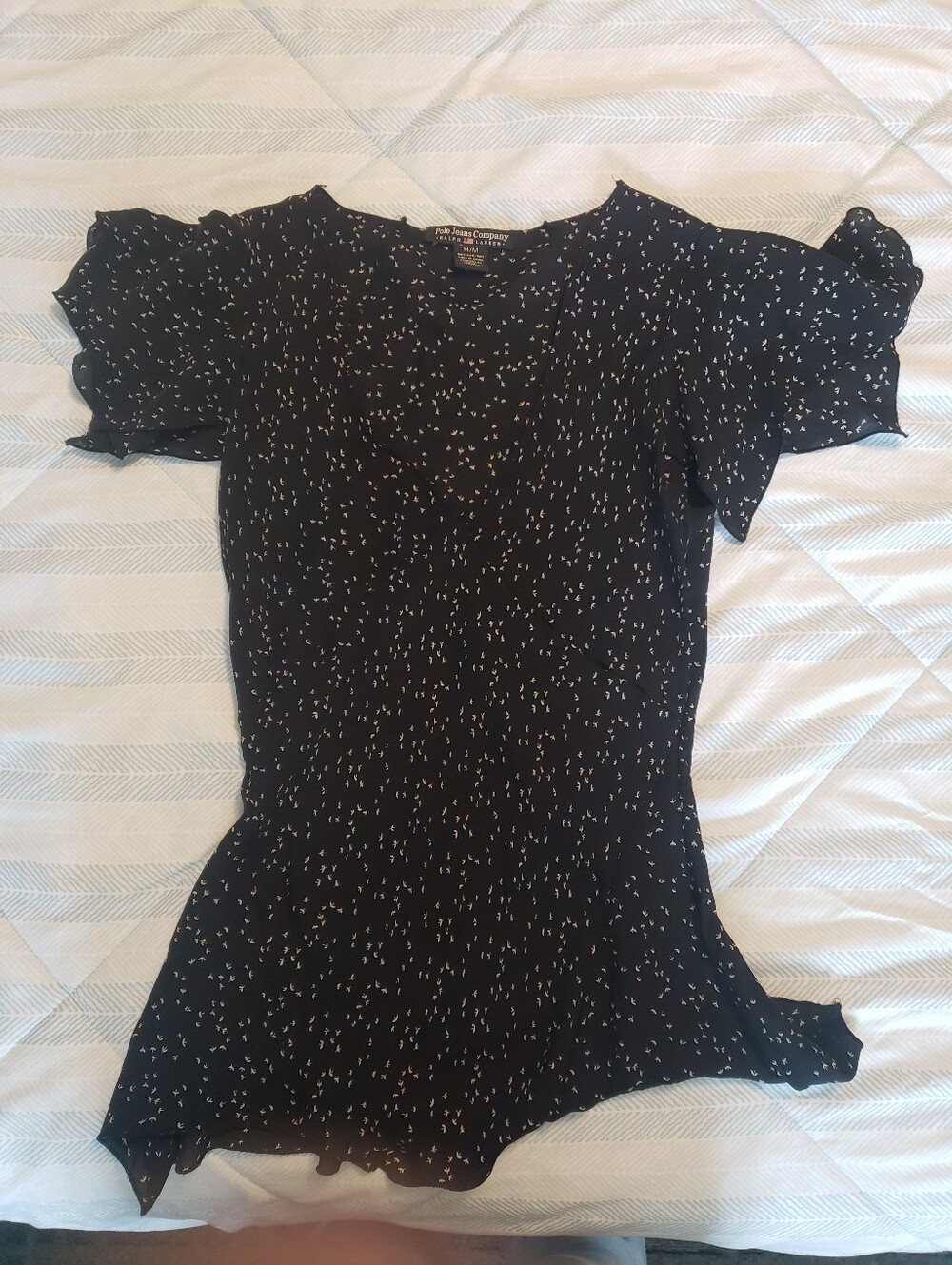 U.S. Polo Assn. Black Blouse with Cream Dot Print and Ruffle Sleeves